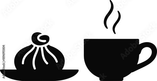 Minimalist Steaming Pastry With Hot Coffee Silhouette