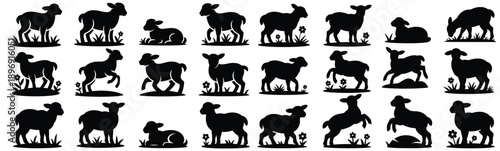 Easter lamb pasture silhouette illustration set, cute sheep grazing, jumping and lying down collection isolated