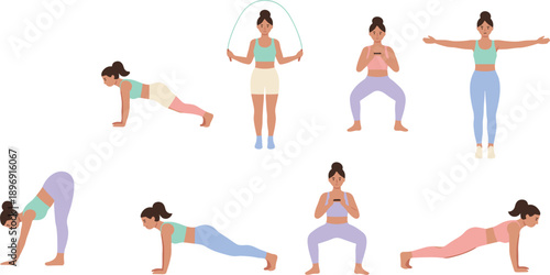 Woman Workout Exercise Set Push Up Squat Plank and Jump Rope Fitness Training Isolated on White Background Vector