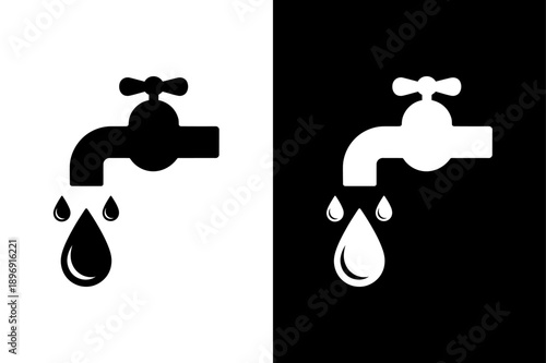 Faucet Icon Silhouette Vector, Water Tap Symbol Flat Style Illustration on Black and White Background
