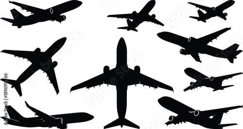 Airplane Silhouette Set Collection, Commercial Passenger Aircraft from Different Angles, Black Vector Illustration for Aviation, Travel, Transportation Design