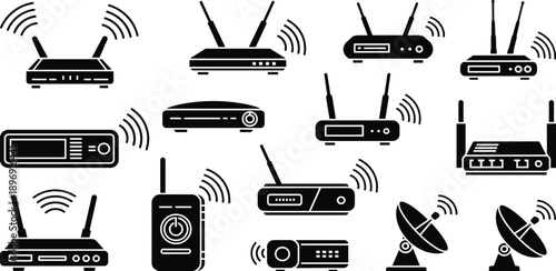 Black silhouette set of wireless routers, modems and network devices with antennas, WiFi signal icons, internet communication equipment isolated on white background