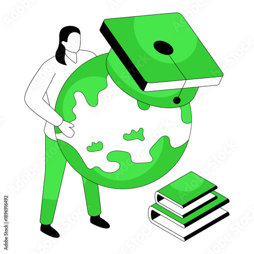 Globe with mortarboard, flat design of global education 