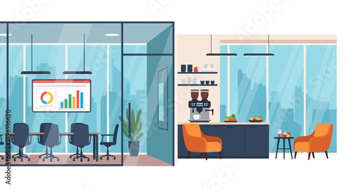 Modern Office Meeting Room and Break Area Illustration.