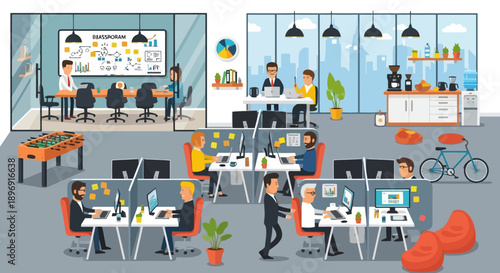 Modern office space with diverse employees collaborating and working.