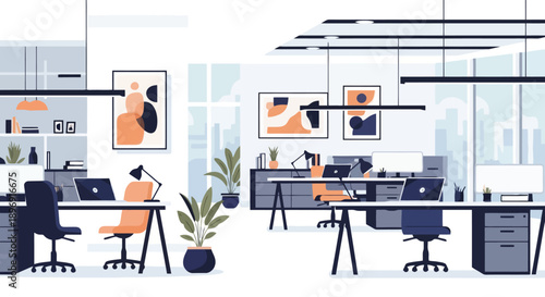 Modern open plan office interior with desks and chairs.