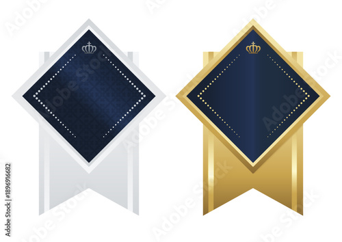 高級感のある王冠付きリボンバッジ ゴールド＆シルバー ベクター素材