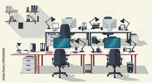 Modern office workspace with computers and desks.