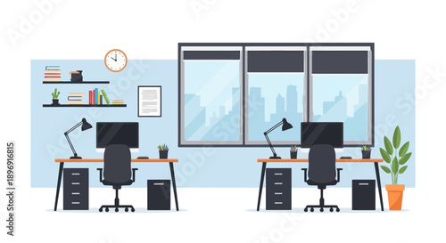 Modern Office Interior with Desks and Computers.