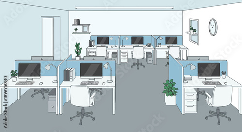 Modern office interior with cubicles and computers.