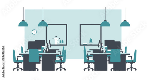 Modern office interior with desks computers and chairs.