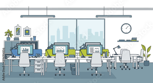 Modern office interior with desks computers and chairs.