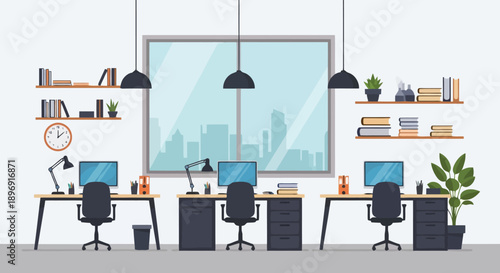 Modern office interior with desks computers and large window.