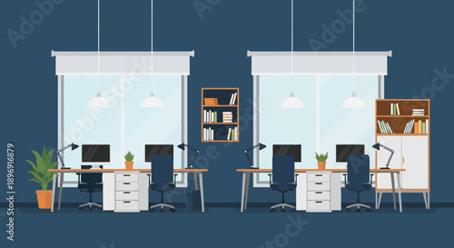 Modern Office Interior With Desks Computers and Plants.