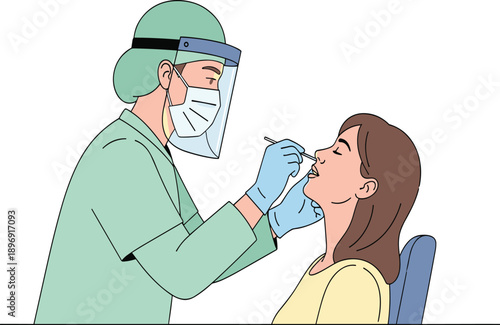 COVID-19 Test Illustration, Medical Worker Performing Nasal Swab on Patient, Healthcare Safety Procedure, Flat Vector Design for Medical, Pandemic Awareness