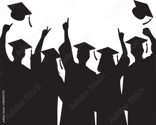 Happy graduates in graduation academic caps. Cheerful people silhouette. Graduation party. Vector illustration.