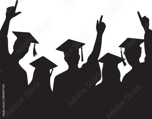 Happy graduates in graduation academic caps. Cheerful people silhouette. Graduation party. Vector illustration.