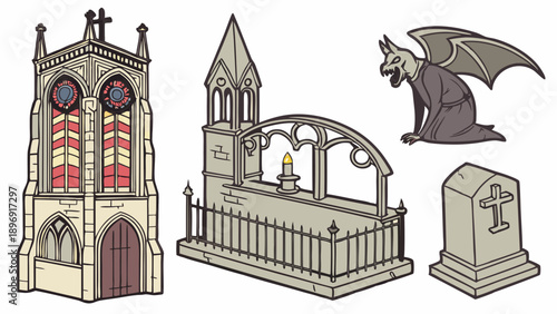 Gothic Cemetery Elements Set Graveyard Architecture Tombstone Gargoyle for Halloween Horror Game Design Projects