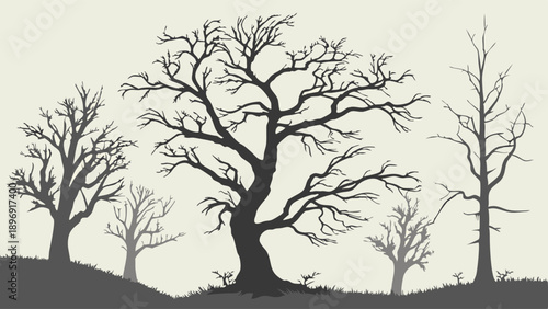 Bare Winter Trees Silhouettes on Grassy Horizon for Spooky Halloween or Seasonal Landscape Design Projects