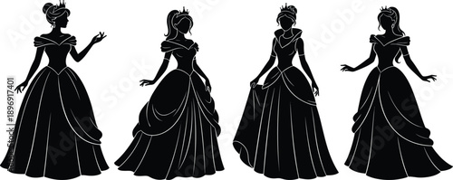Elegant princess silhouette set in ball gowns, black dress fashion figures, royal women poses for fairy tale, fantasy, and costume design