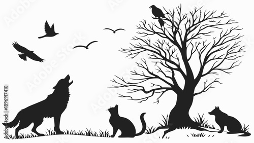 Silhouette of Howling Wolf, Birds Flying, and Cats Near Bare Tree for Wilderness, Nature, or Fables Design Projects