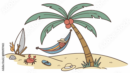 Tropical Vacation Relaxation Scene with Man Napping in Hammock Under Palm Tree on Sandy Beach for Travel Ads