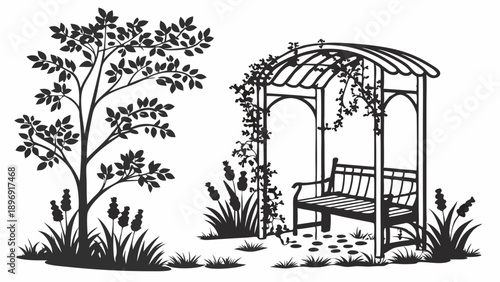 Tranquil Garden Arbor Silhouette with Bench and Tree Perfect for Landscape Design Invitations Summer Relaxation Brochures