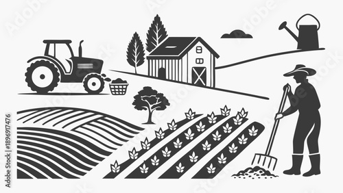 Rustic Farm Agriculture Scene with Tractor Farmer Plowing Field for Food Production and Harvest Illustration