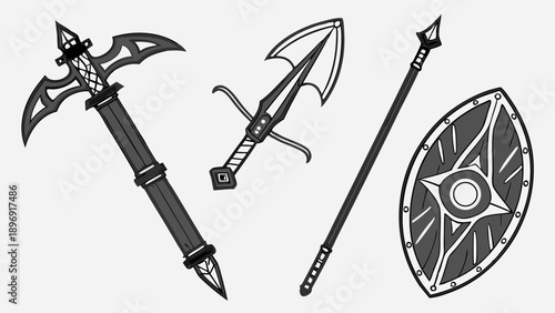Fantasy Weapon Set Medieval Battle Axe Spear Shield Icons for Game Design RPG Asset Creation Adventure Marketing