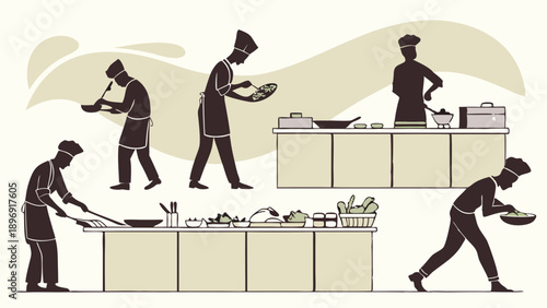 Focused Chefs Preparing Dishes in Professional Kitchen Line Cooking Service for Restaurant Menu Design and Food Industry Promotion