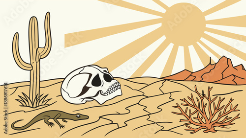 Desert Skull Lizard Sun Death Climate Change Survival Drought Environment Illustration for Web Design and Editorial Use