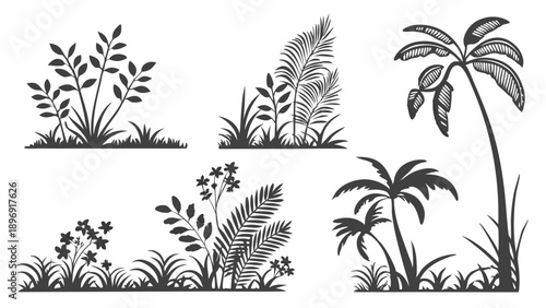 Tropical Palm Tree and Lush Foliage Silhouettes Vector Set for Landscape Design Website Banners Summer Vacation Graphics