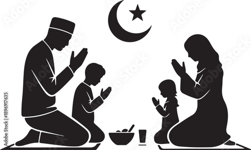 Islamic Family Praying on Mats with Dates for Iftar Silhouette