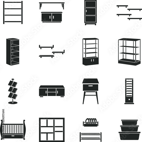 A collection of black and white icons representing various home and retail furniture storage options