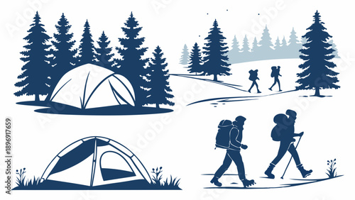 Outdoor Adventure Camping and Hiking Silhouettes for Travel Brochures Web Banners Seasonal Tourism Design