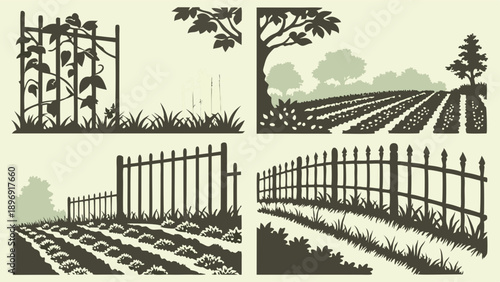 Rustic Farm Landscape Set Vintage Wood Fences Trellis Garden Rows for Agriculture Web Design or Seasonal Brochures