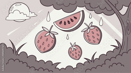 Whimsical Summer Fruit Rain Illustration for Dessert Packaging Web Design Fresh Food Background