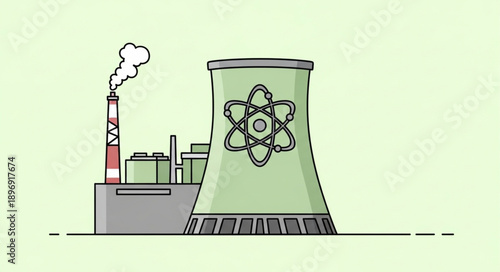 Nuclear Power Plant With Cooling Tower And Atomic Symbol.