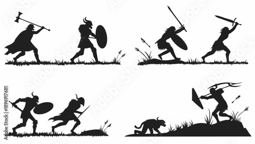 Viking Warriors Battle Silhouettes Epic Clash Axe Sword Shield Combat for Gaming History Design Assets