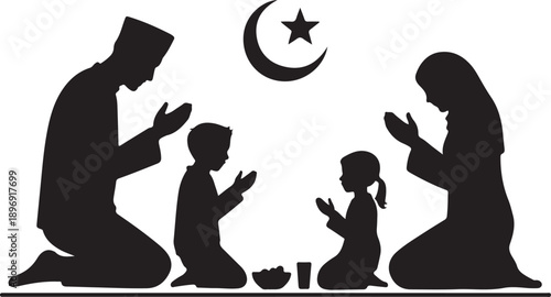 Islamic Family Praying on Mats with Dates for Iftar Silhouette