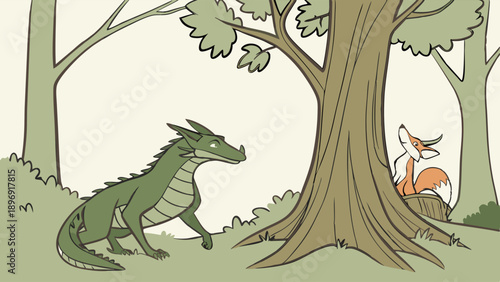 Green Dragon Meets Cunning Fox in Forest Clearing for Children's Storybook Illustration or Fantasy Adventure Game Asset