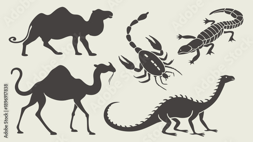 Desert Wildlife Silhouette Set Camel Scorpion Lizard Dinosaur Icons for Travel Ecology Education Design Projects