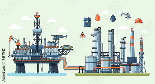 Offshore oil rig and refinery industrial complex illustration.