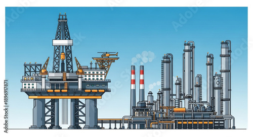 Offshore oil rig and refinery complex illustration.