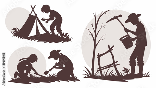 Pioneering Kids Camping Setting Up Tent Digging Soil Gardening Homesteading Survival Skills Silhouette Set