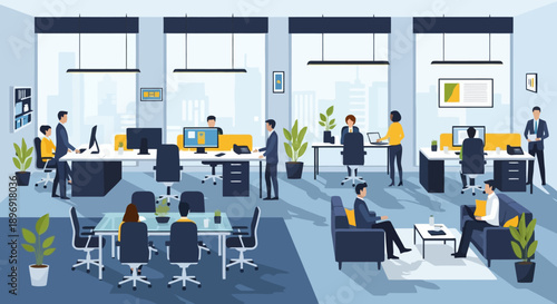 Modern open plan office interior with diverse people working.