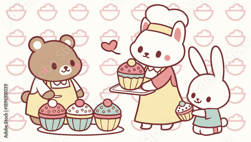Cute Cartoon Animals Baking Cupcakes for Bakery Cafe Promotion Happy Children Dessert Illustration