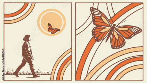 Retro 70s Style Butterfly Journey Man Walking Towards Hopeful Sunshine for Album Art or Vintage Poster Design