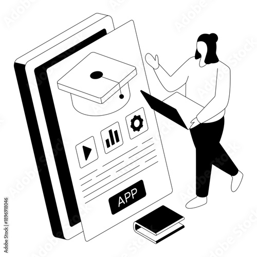 Mortarboard inside smartphone, illustration of mobile education app