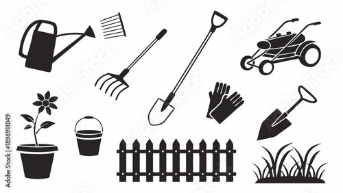 Gardening Tools Icon Set Black Silhouette for Spring Lawn Care Website Design and Seasonal Home Improvement Projects